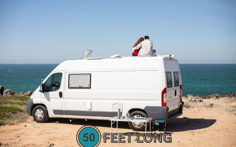 Recreational vehicles (RVs) used for camping and road trips often measure around 50 feet, especially larger models like Class A motorhomes. 