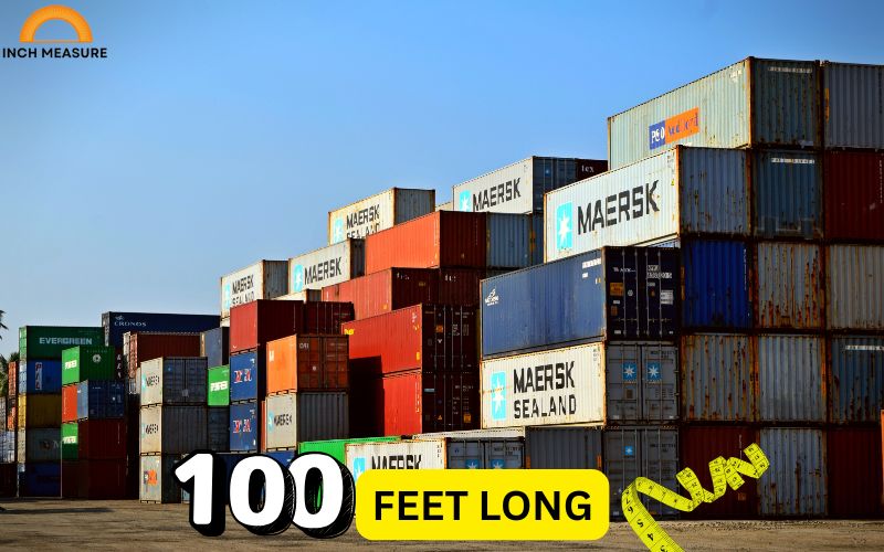 A standard shipping container (often called a TEU, or Twenty-foot Equivalent Unit) is 20 feet long. Lining up five such containers end-to-end gives you exactly 100 feet (5 × 20 feet = 100 feet).