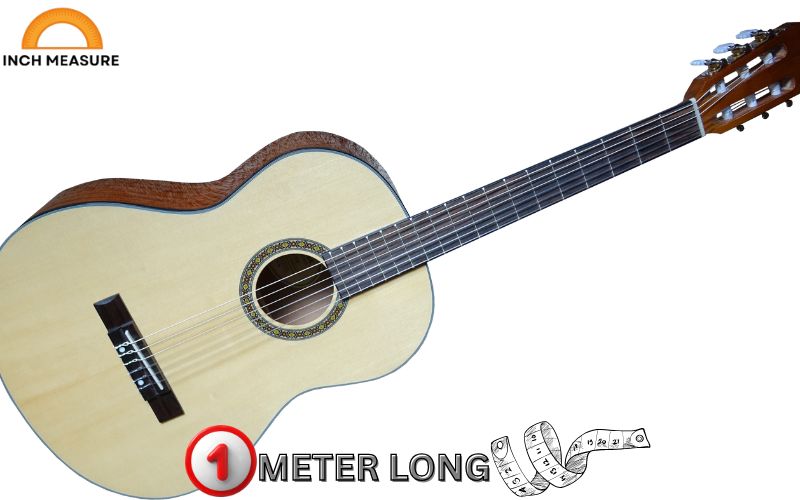 The neck of a standard electric or acoustic guitar is approximately one meter long, from the headstock to the body’s bridge. 