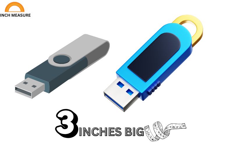A standard USB flash drive, used for storing and transferring data, is typically around 3 inches long,