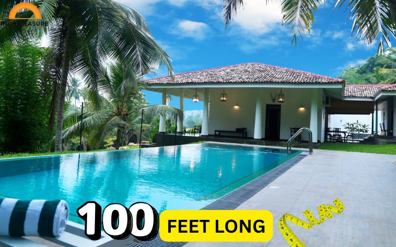 An Olympic-sized swimming pool is 50 meters long (approximately 164 feet), but many community or high school pools are closer to 25 yards (75 feet) or 25 meters (82 feet).