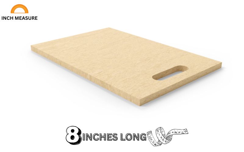 A small cutting board, often used for quick prep tasks, is typically 8 inches long or wide.